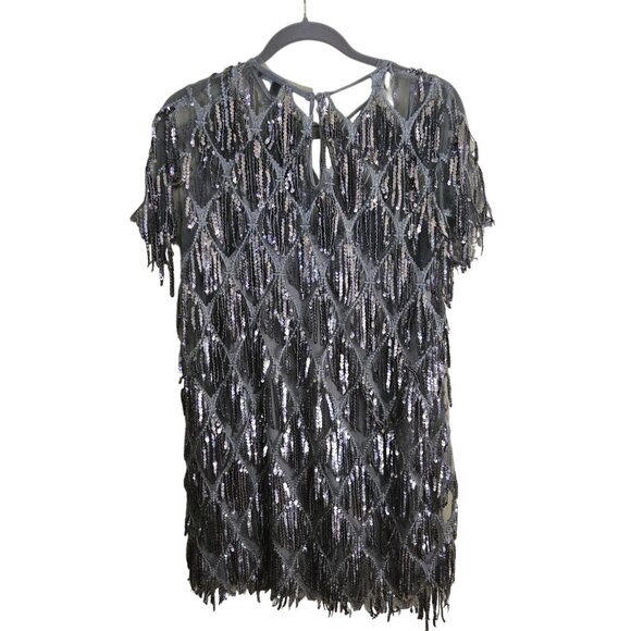 Lulus NWT On The Dance Floor Gray Sequin Front Shirt Sleeve Soft Dress Size L - Picture 3 of 12